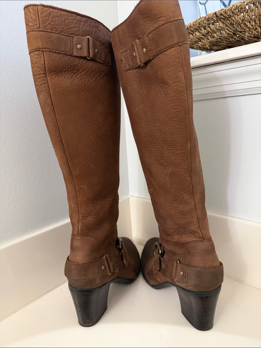 Born Cognac Leather Knee-High Heeled Boots with Buckle - Picture 2 of 9